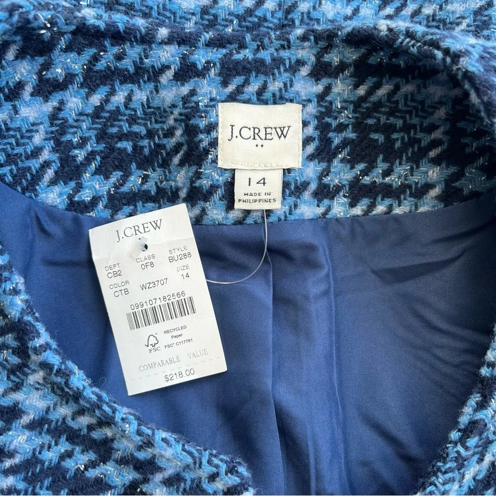 NWT J.Crew Womans 14 Baltic Blue Check Lady Jacket Crop Tweed Blazer Wool Blend